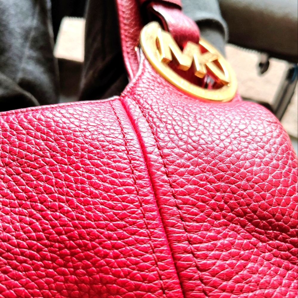 Michael Kors Red Pebbled Leather Hobo Shoulder Bag with Gold MK Logo
